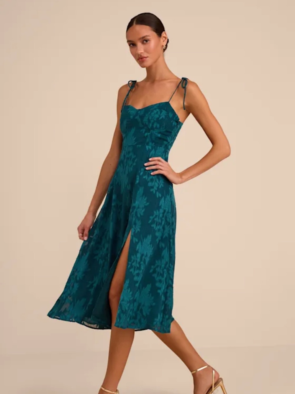 Lulus Loveliest Looks Emerald Green Jacquard Tie-Strap Midi Dress - Picture 3 of 9
